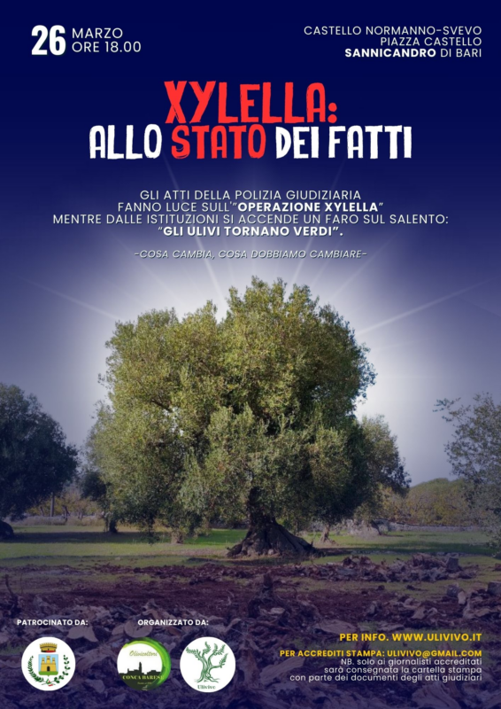 Il 26 marzo, alle 18, al Castello Normanno-Svevo, in Piazza Castello a Sannicandro di Bari, si tiene l'evento dal titolo "Xylella: allo stato dei fatti" organizzato dal Comitato Olivicoltori e Cittadini Conca Barese e dal Comitato Ulivivo, con il patrocinio del Comune.